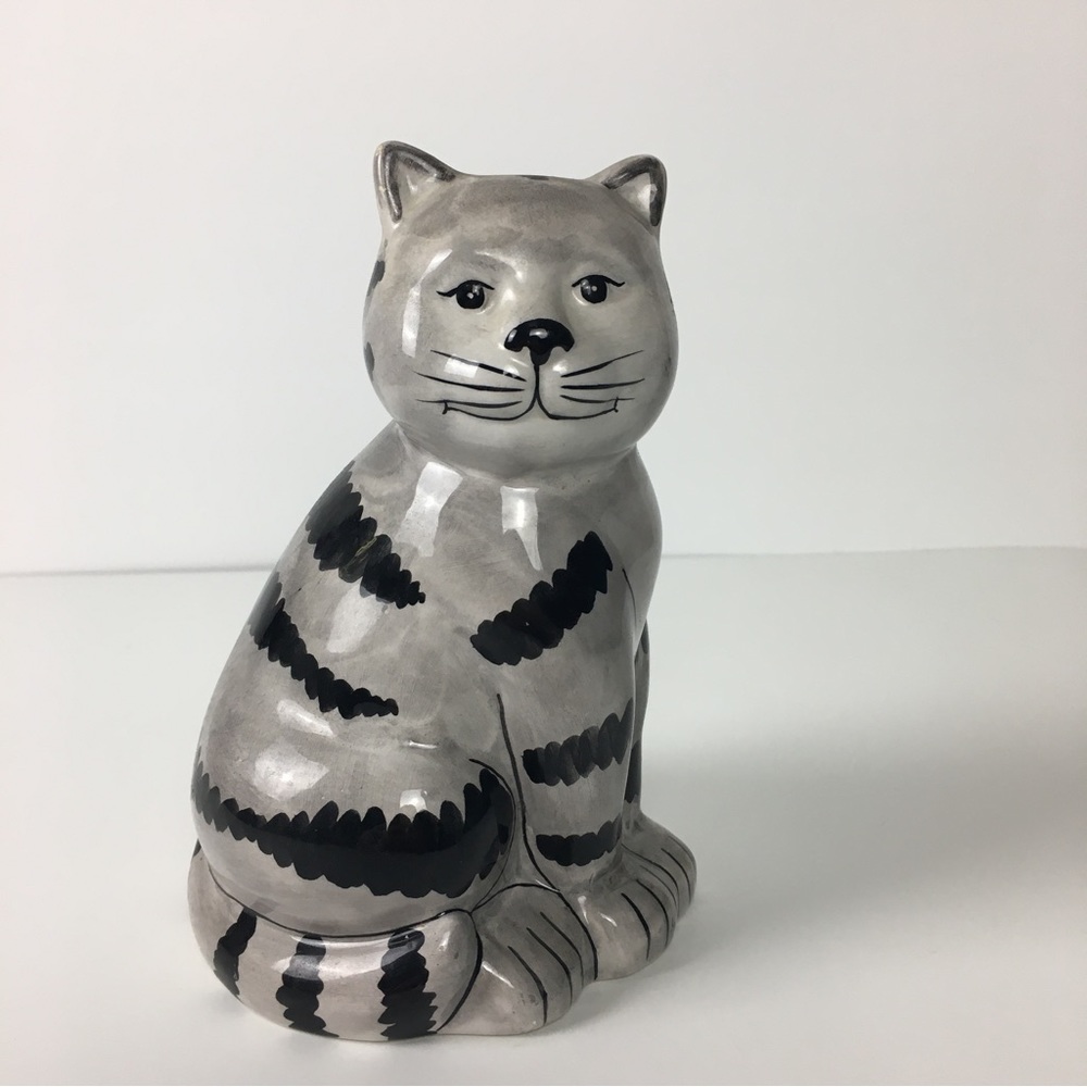 Tiger Striped Cat Ceramic Piggy Bank. Gray Black Stripes.